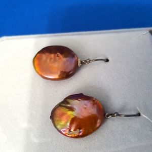 Iridescent freshwater pearl earrings, bronze and silver.